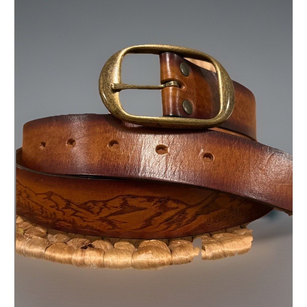 Leegin vintage USA made TOOLED buckle belt WESTERN leather brown cowhide 38